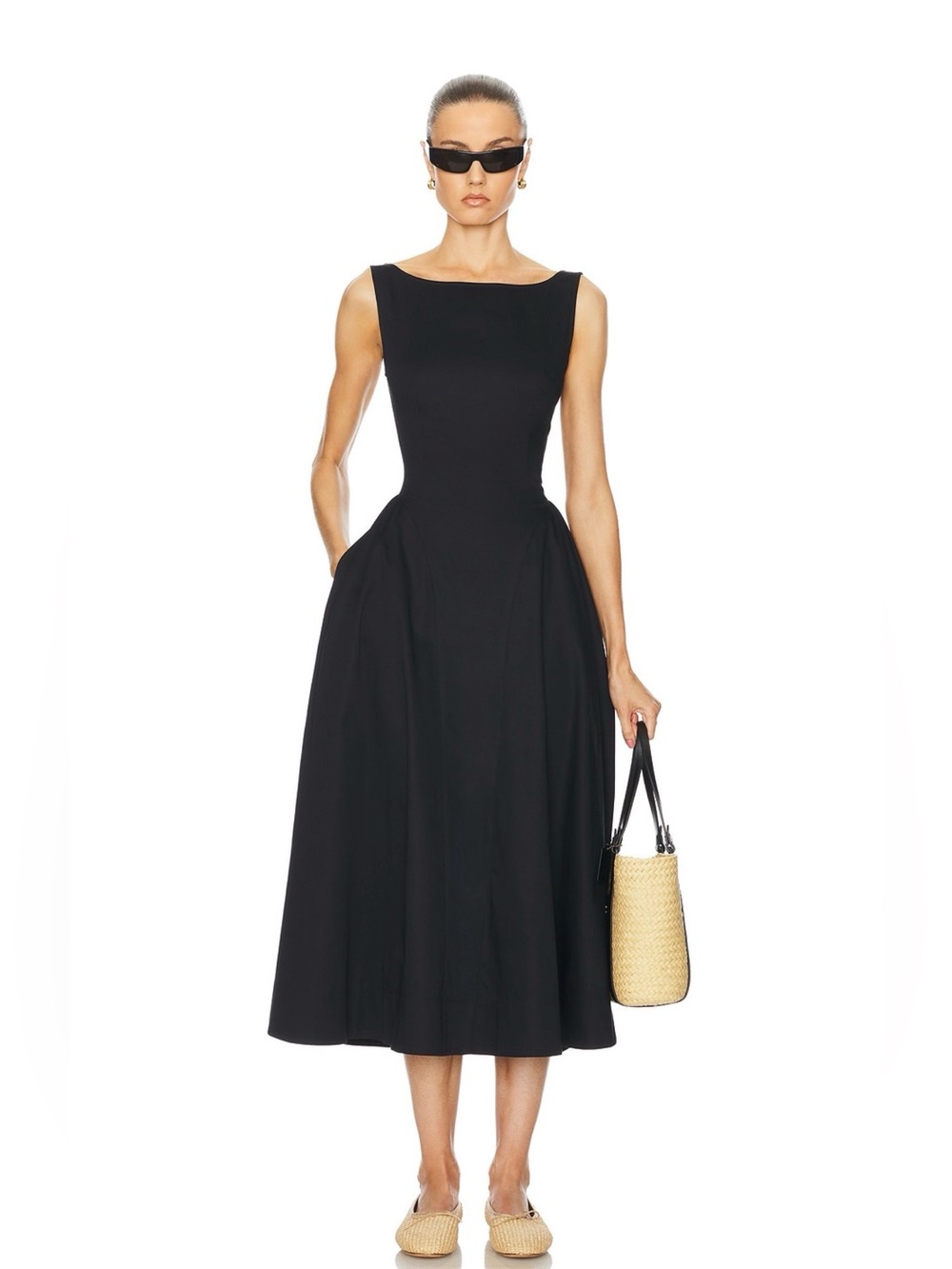 NWOT Helsa Stretch Cotton Sateen Midi Dress in Black Elegant Fit-and-Flare Dress